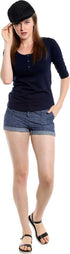 Women Navy Blue 3/4 Sleeves Henley T-Shirt